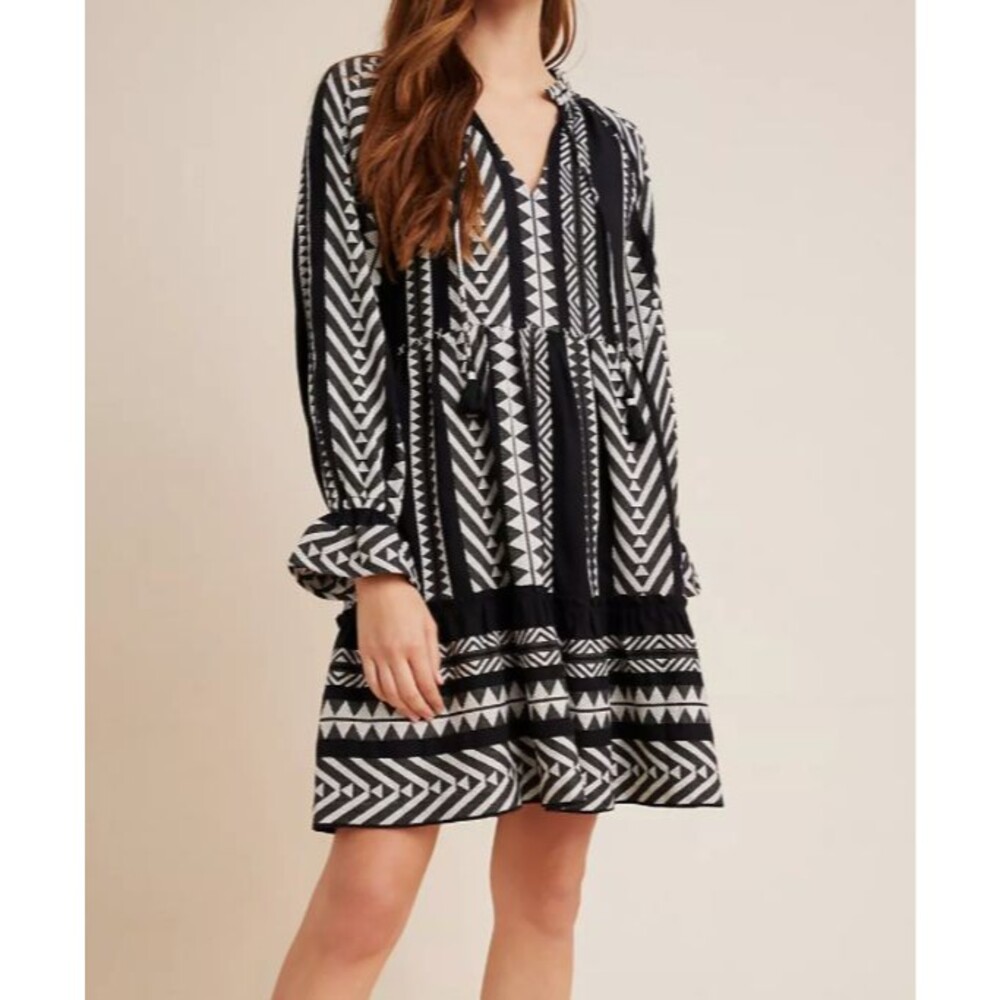 Maeve Anthropologie Dominique Tunic Dress Large Boho Tribal Print Black White